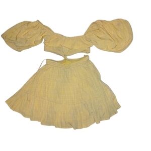 Day + Moon Womens Yellow Puff Sleeve Crop Top and Tiered Mini Skirt